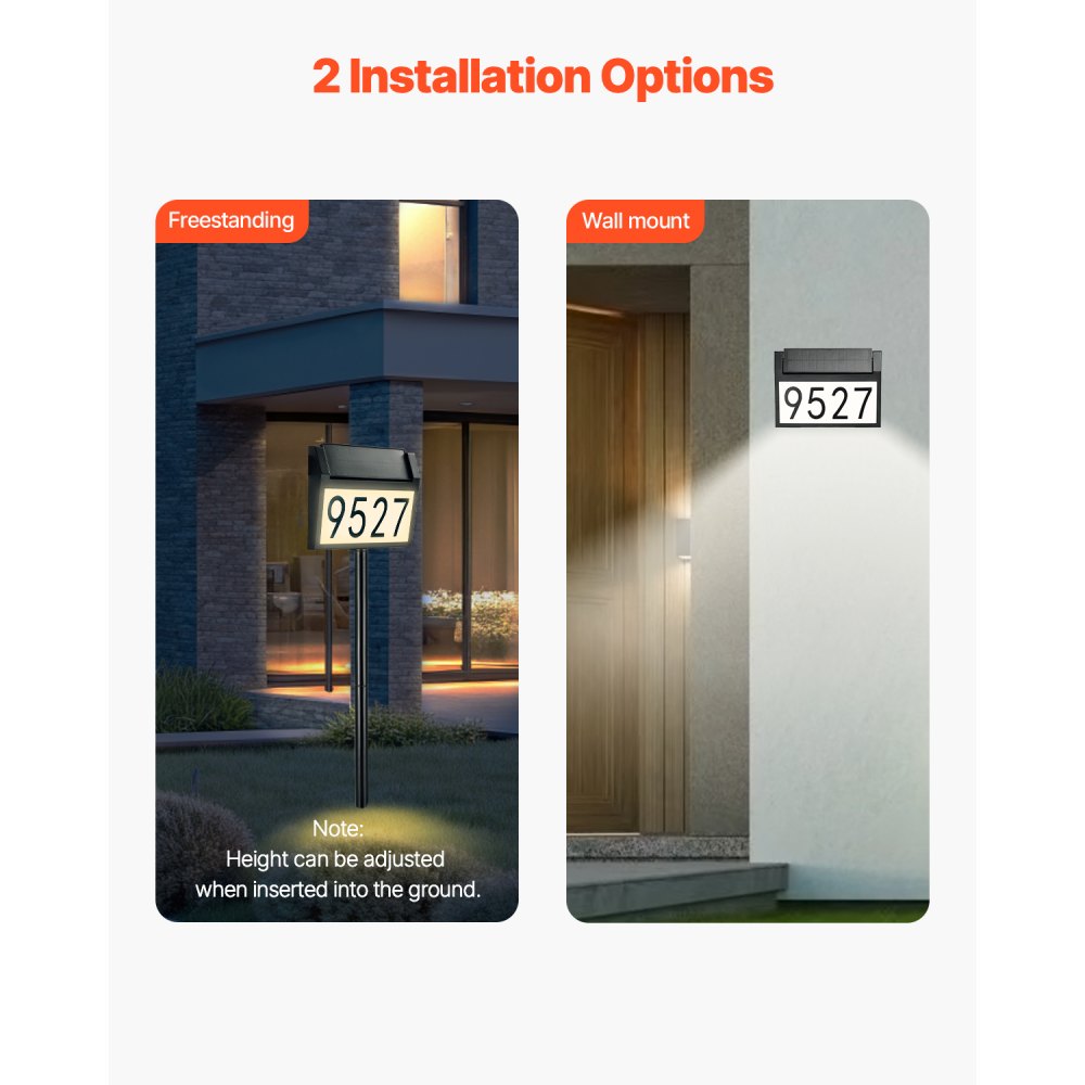 VEVOR Solar Address Sign, 3 Colors House Numbers for Outsides, Waterproof Illuminated LED Address Plaques with Stakes, Wall-Mounted or Floor-Plugged Home Number Sign for Outdoor Yard Garden Street