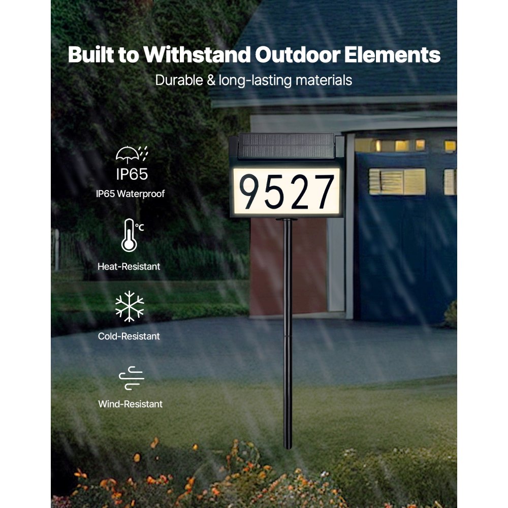 VEVOR Solar Address Sign, 3 Colors House Numbers for Outsides, Waterproof Illuminated LED Address Plaques with Stakes, Wall-Mounted or Floor-Plugged Home Number Sign for Outdoor Yard Garden Street