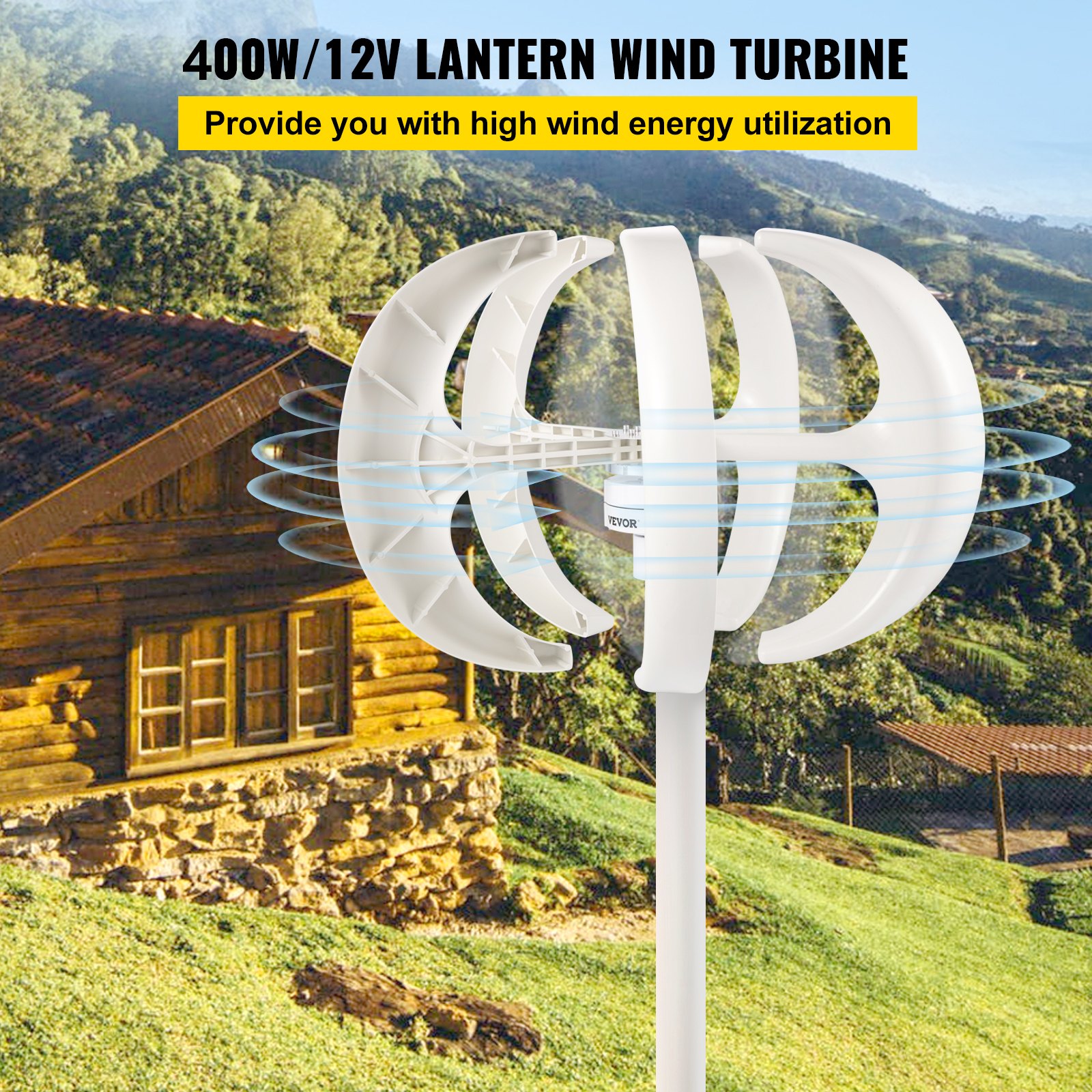 VEVOR Wind Turbine 400W 12V Wind Turbine Generator White Lantern Vertical Wind Generator 5 Leaves Wind Turbine Kit
