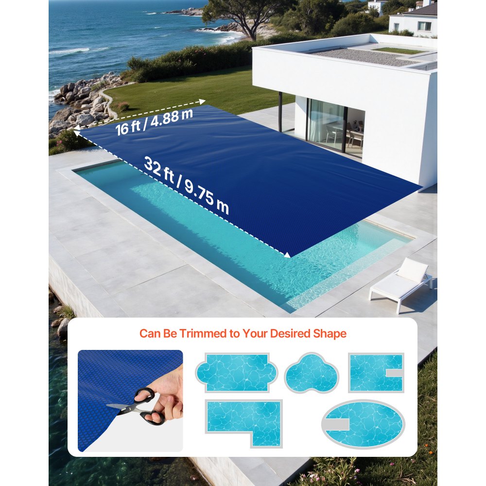 VEVOR Solar Pool Cover, 32 x 16 ft Pool Bubble Cover, 16 Mil Pools Solar Blanket with Dual Heat-Locking Air Layer for Pools, Daytime Heat Absorption, Nighttime Heat Retention, Blue & Silver, Cuttable