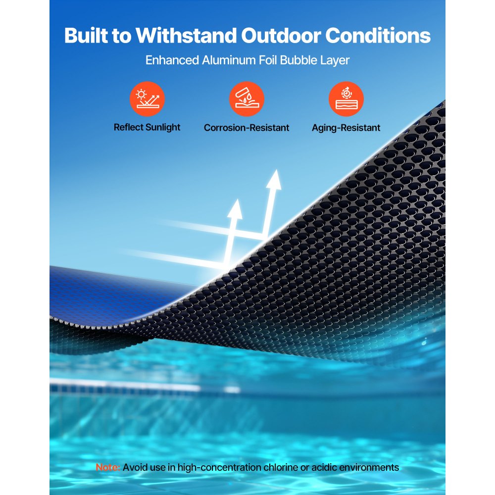 VEVOR Solar Pool Cover, 32 x 16 ft Pool Bubble Cover, 16 Mil Pools Solar Blanket with Dual Heat-Locking Air Layer for Pools, Daytime Heat Absorption, Nighttime Heat Retention, Blue & Silver, Cuttable