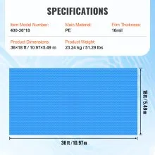VEVOR Solar Pool Cover, 36 x 18 ft Rectangle Solar Blanket for Pools, Inground Above Ground Swimming Pool Solar Cover, 16 mil Solar Covers Blue