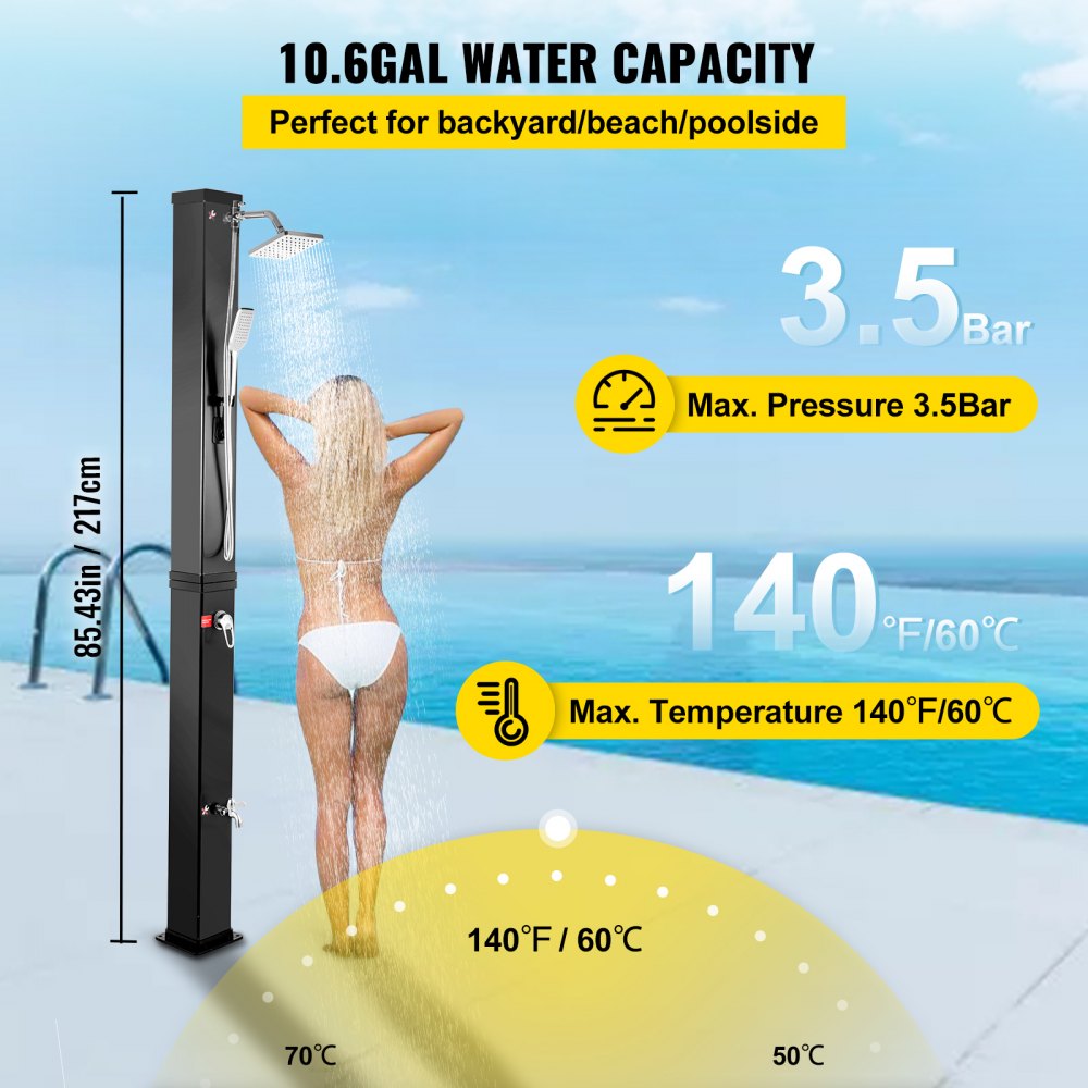 VEVOR Solar Heated Shower, 10.6Gal Outdoor Solar Shower, 7FT Pool Shower Temperature Adjustable, 2-Section with 360 Degree Shower Tap, Handheld Showerhead & Foot Faucet for Backyard, Beach, Poolside S