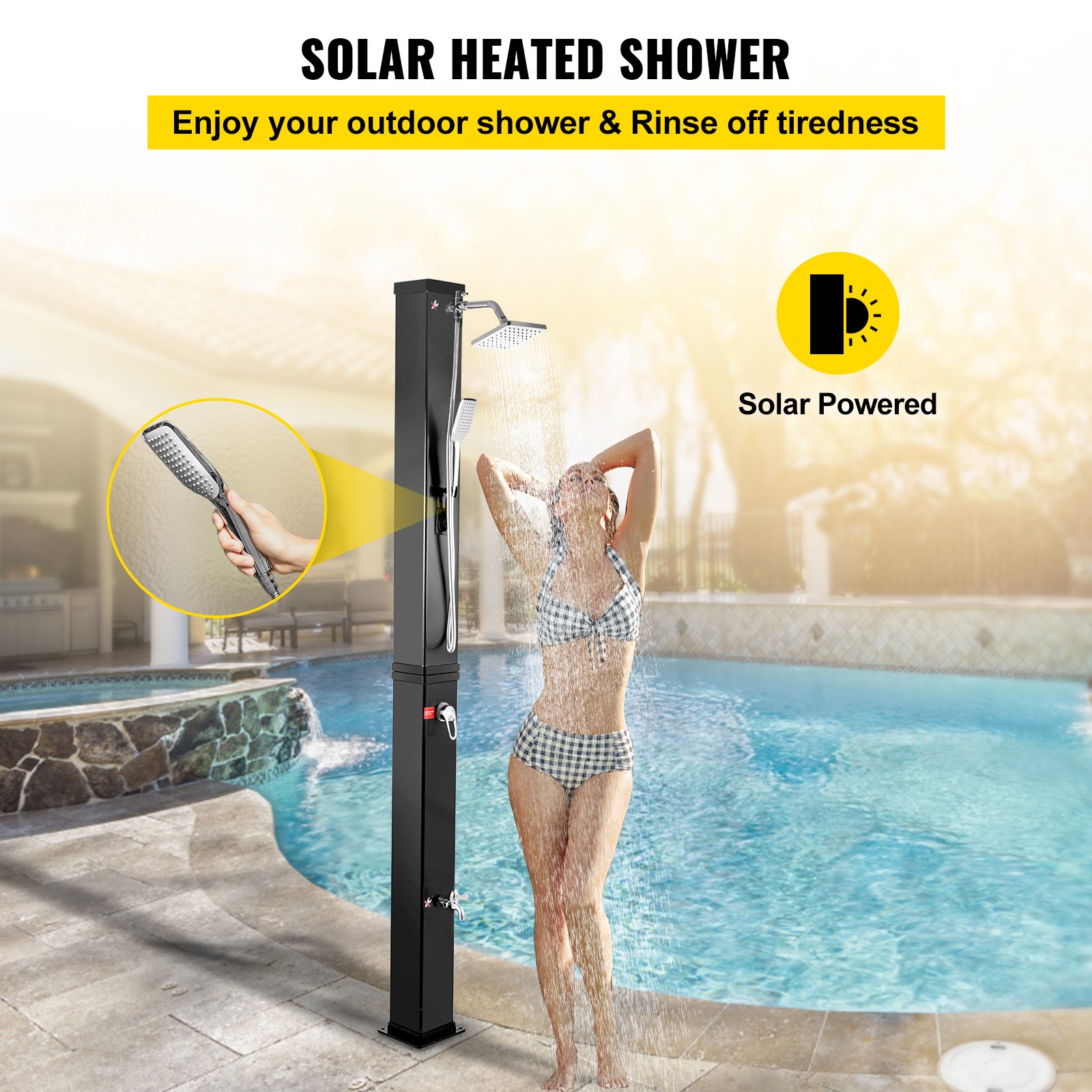 VEVOR Solar Heated Shower, 10.6Gal Outdoor Solar Shower, 7FT Pool Shower Temperature Adjustable, 2-Section with 360 Degree Shower Tap, Handheld Showerhead & Foot Faucet for Backyard, Beach, Poolside S