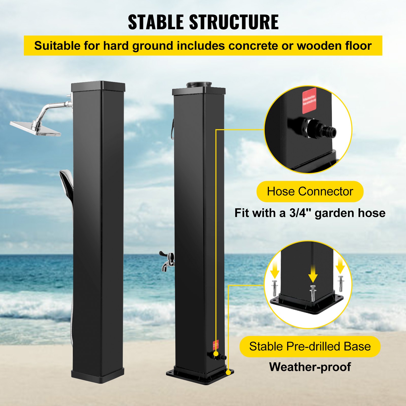 VEVOR Solar Heated Shower, 10.6Gal Outdoor Solar Shower, 7FT Pool Shower Temperature Adjustable, 2-Section with 360 Degree Shower Tap, Handheld Showerhead & Foot Faucet for Backyard, Beach, Poolside S