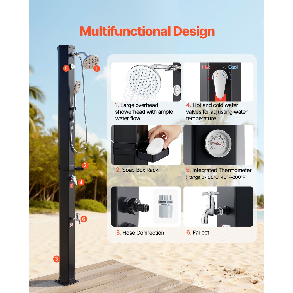 VEVOR 40L Solar Heated Shower, 205cm Showerhead Height Outdoor Shower, with Handheld & Foot Faucet, Hot & Cold Water Adjustment, Freestanding for Backyard Poolside Beach Pool, Black