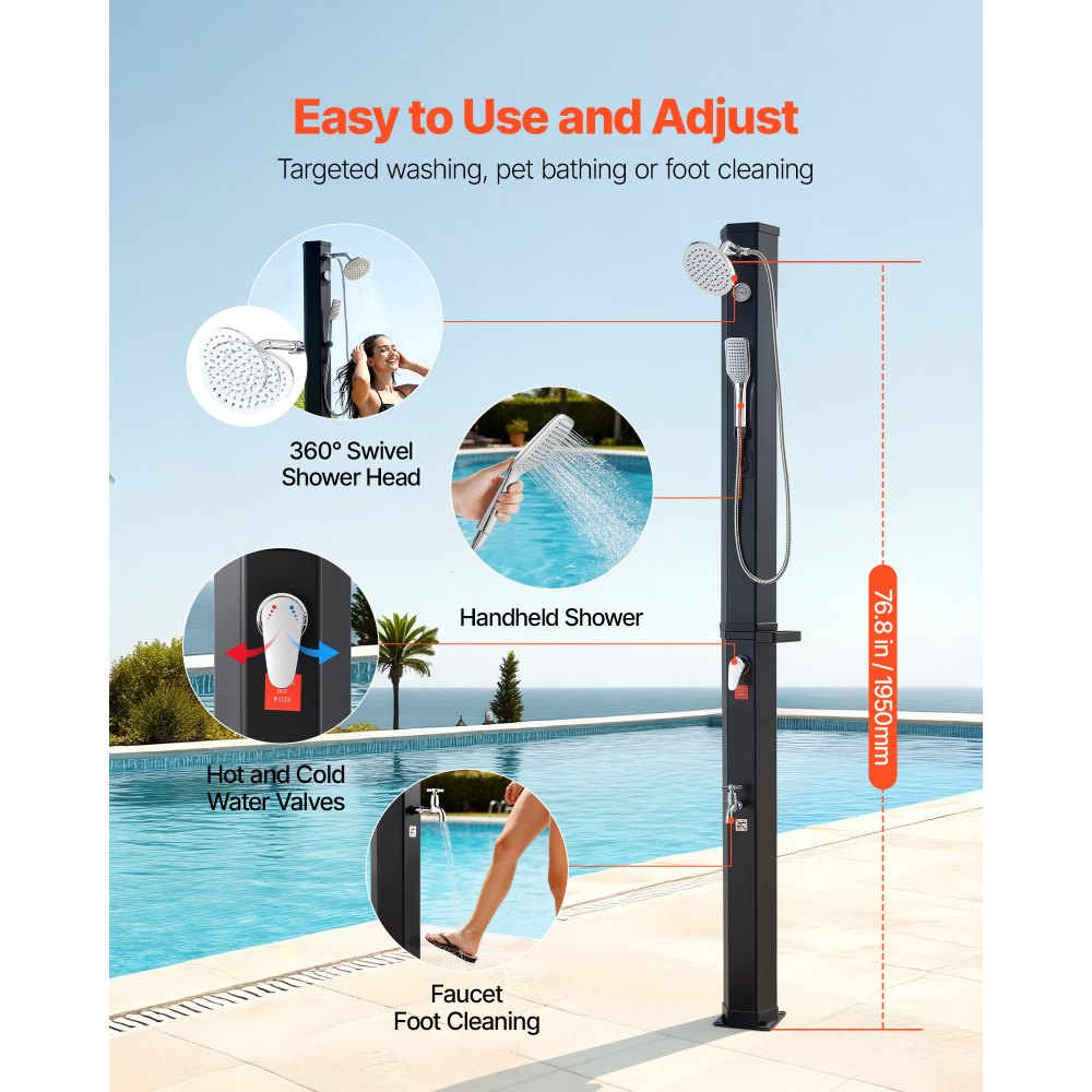 VEVOR 40L Solar Heated Shower, 205cm Showerhead Height Outdoor Shower, with Handheld & Foot Faucet, Hot & Cold Water Adjustment, Freestanding for Backyard Poolside Beach Pool, Black