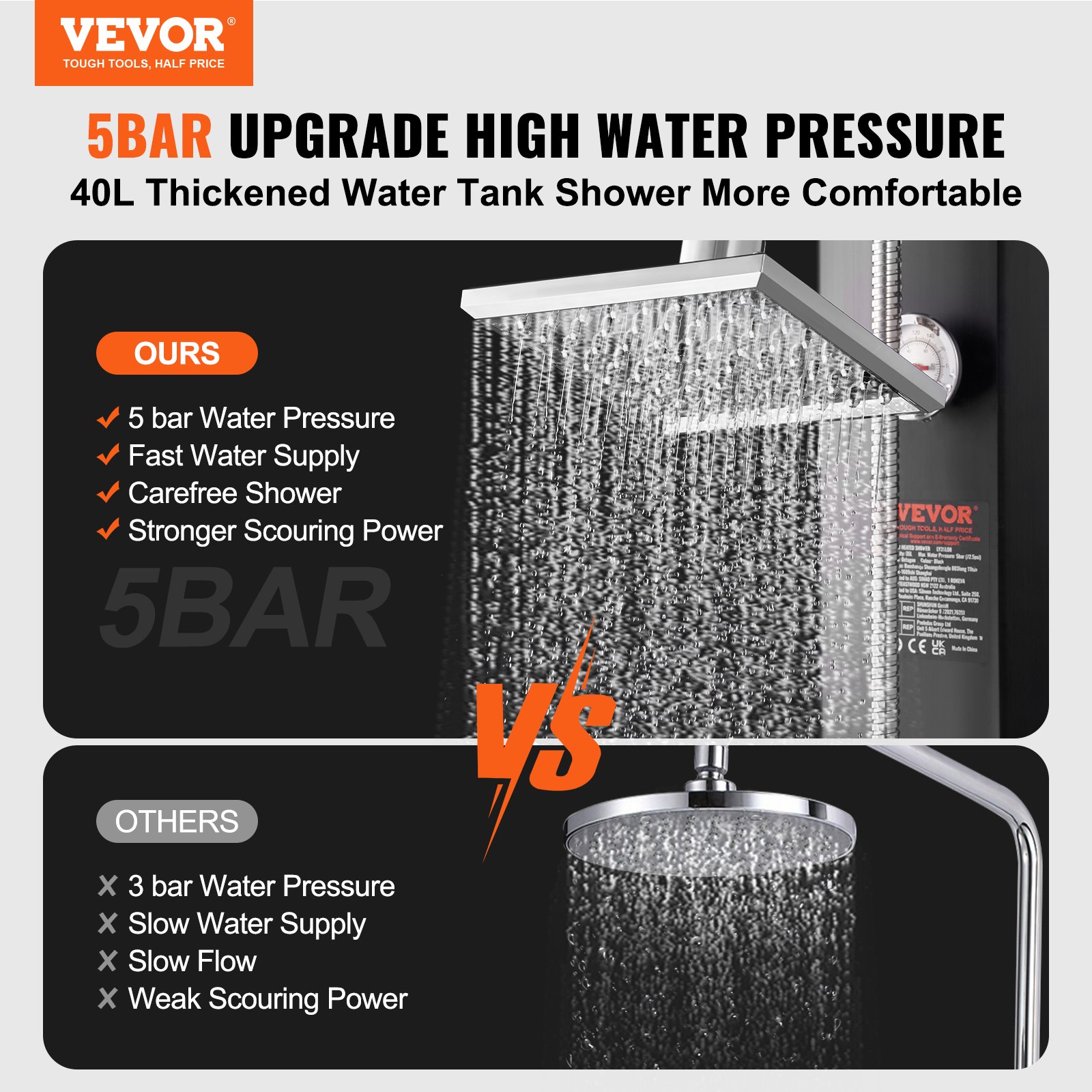 VEVOR Outdoor Solar Heated Shower, 40L Poolside Shower Kit with 2 Shower Head and Foot Shower Tap, Handheld/Hanging Two Modes Fast Assembly W/ Pre-Drilled Hole for Outdoor Backyard Poolside Beach Spa