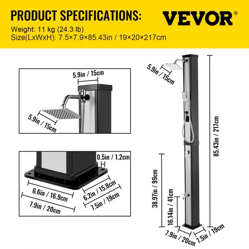 VEVOR Solar Heated Shower, 10.6Gal Outdoor Solar Shower, 7FT Pool Shower Temperature Adjustable, 2-Section w/360 Degree Shower Tap, Handheld Showerhead & Foot Faucet for Backyard, Beach, Poolside Spa