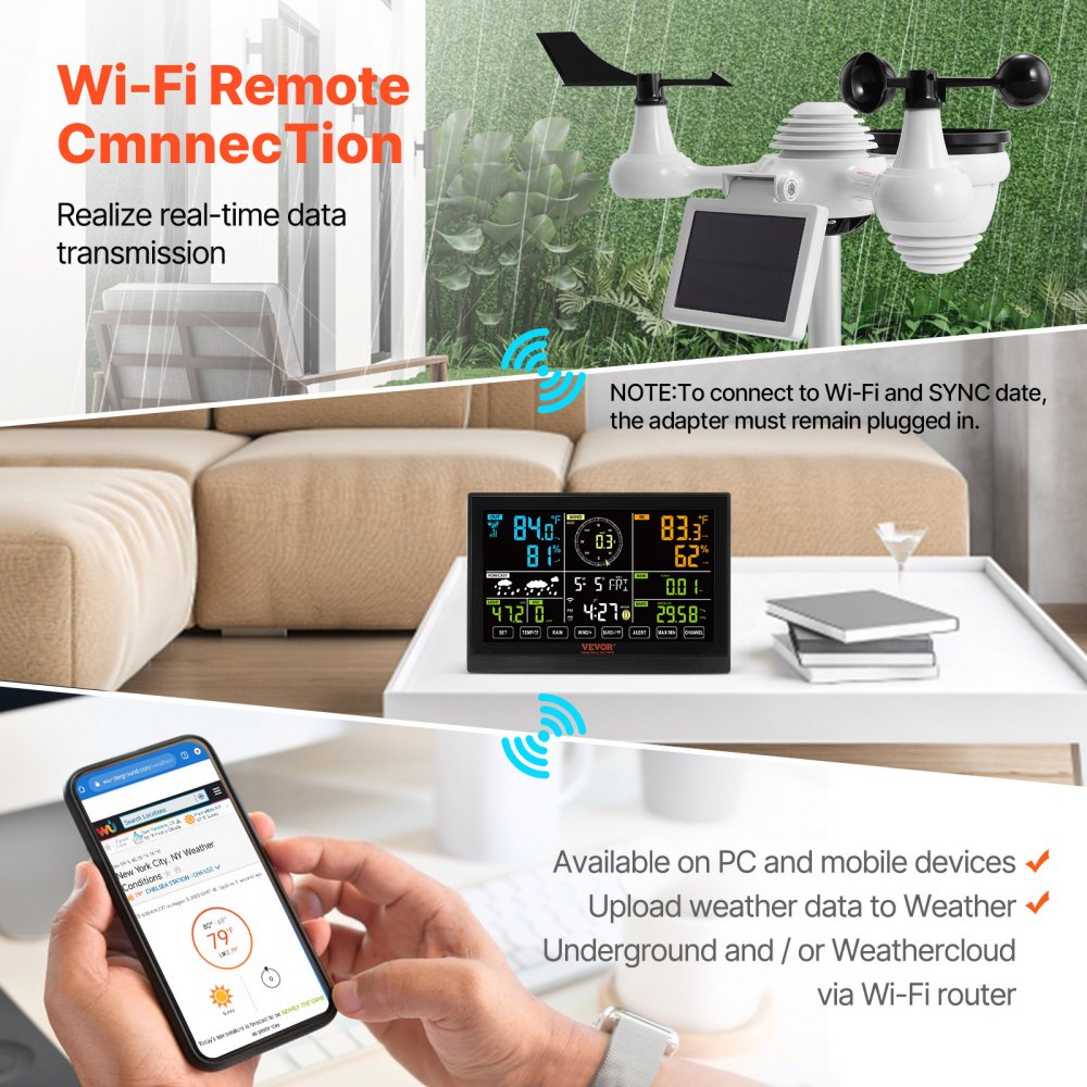 VEVOR 7-in-1 Wi-Fi Weather Station, 19.1 cm (7.5-inch)  Color Display, Home Weather Station Indoor Outdoor, with Solar Wireless Outdoor Sensor Alarm Alerts, for Temperature Humidity Wind Speed/Direction Rain