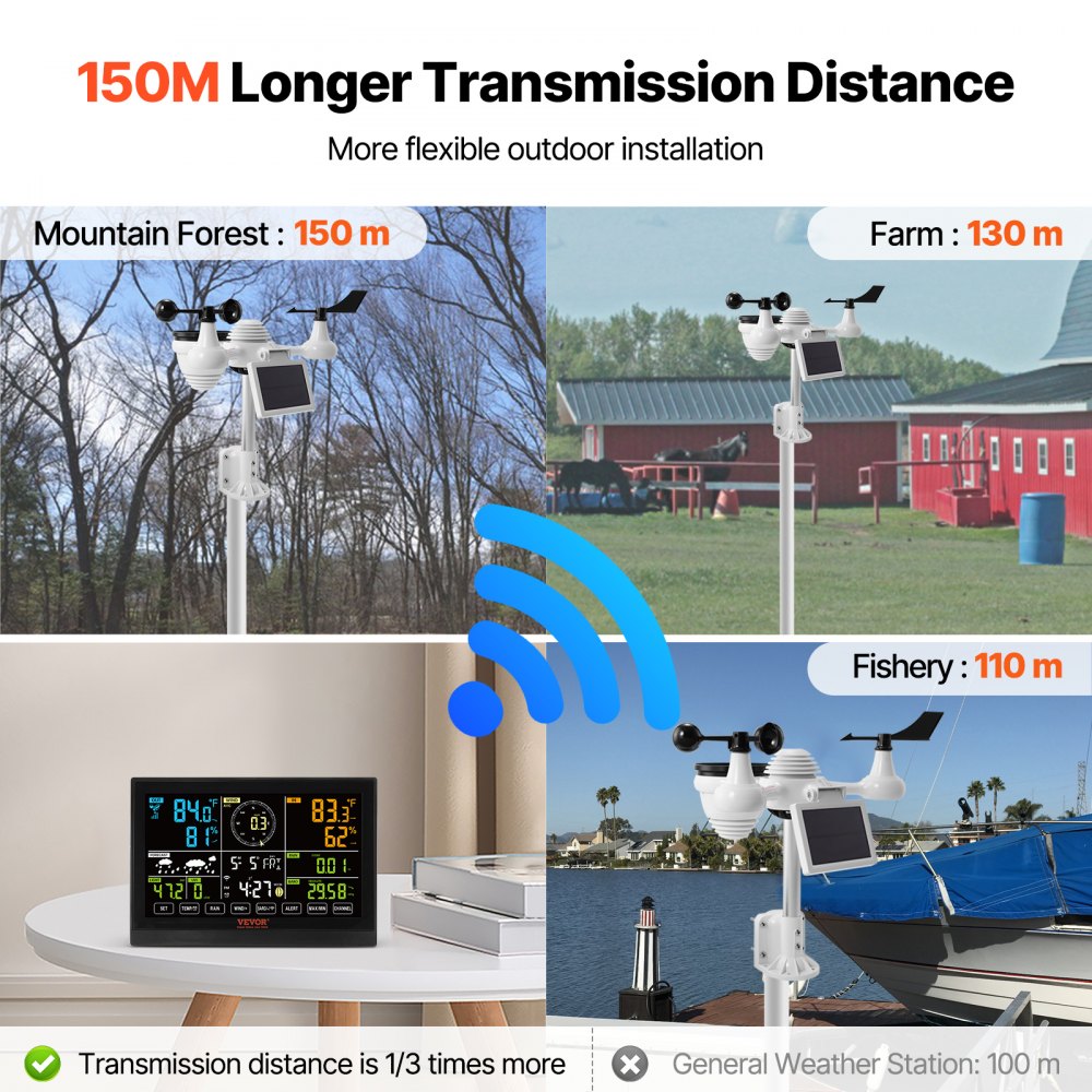 VEVOR 7-in-1 Wi-Fi Weather Station, 19.1 cm (7.5-inch)  Color Display, Home Weather Station Indoor Outdoor, with Solar Wireless Outdoor Sensor Alarm Alerts, for Temperature Humidity Wind Speed/Direction Rain