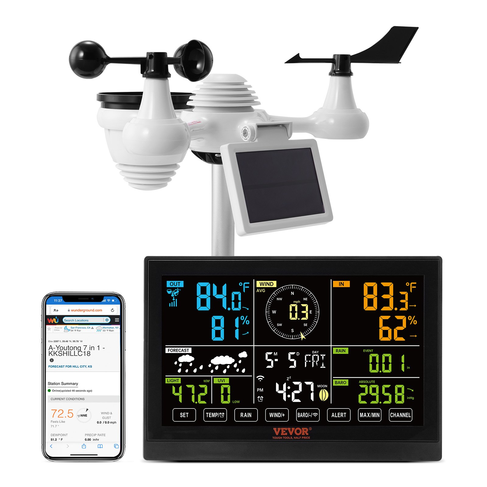VEVOR 7-in-1 Wi-Fi Weather Station, 19.1 cm (7.5-inch)  Color Display, Home Weather Station Indoor Outdoor, with Solar Wireless Outdoor Sensor Alarm Alerts, for Temperature Humidity Wind Speed/Direction Rain