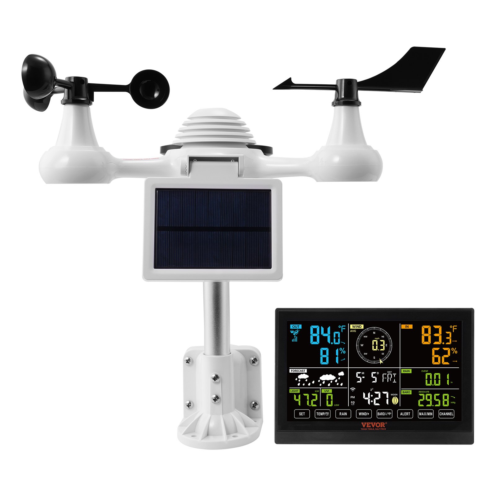 VEVOR 7-in-1 Wi-Fi Weather Station, 19.1 cm (7.5-inch)  Color Display, Home Weather Station Indoor Outdoor, with Solar Wireless Outdoor Sensor Alarm Alerts, for Temperature Humidity Wind Speed/Direction Rain
