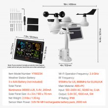 VEVOR 7-in-1 Solar-Powered Wi-Fi Weather Station, 7.5 in Color Display, Home Wireless Weather Station Indoor Outdoor, with Sensor, Alarm, Alerts, for Temperature Humidity Wind Speed Direction Rain