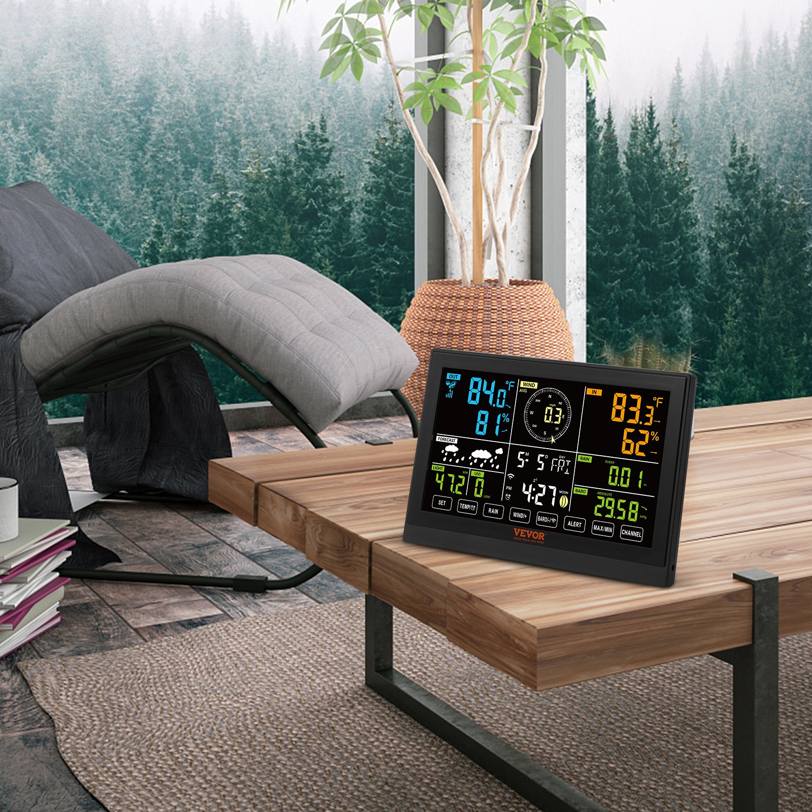 VEVOR 7-in-1 Solar-Powered Wi-Fi Weather Station 7.5 in with Outdoor Sensor