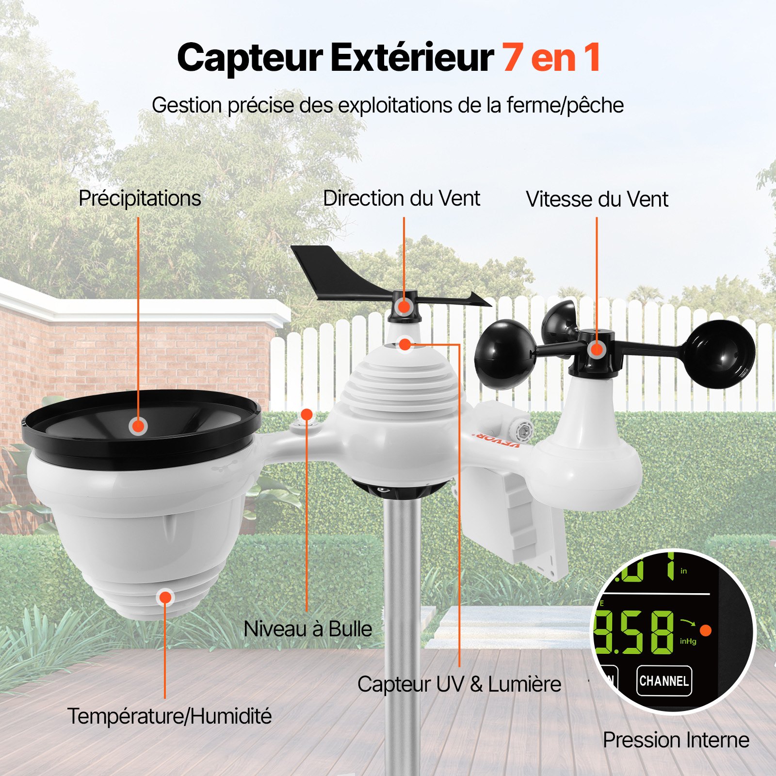 VEVOR 7-in-1 Solar-Powered Wi-Fi Weather Station, 7.5 in Color Display, Home Wireless Weather Station Indoor Outdoor, with Sensor, Alarm, Alerts, for Temperature Humidity Wind Speed Direction Rain