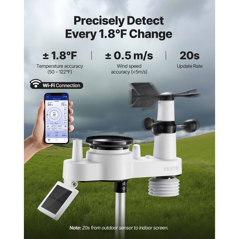 VEVOR 7-in-1 Wi-Fi Weather Station with APP, 7.5-Inch VA Display, Wireless Solar Powered Outdoor Sensor, Rain Gauge, Indoor Outdoor for Weather Forecast, Wind Speed, Temperature, Humidity, Rainfall