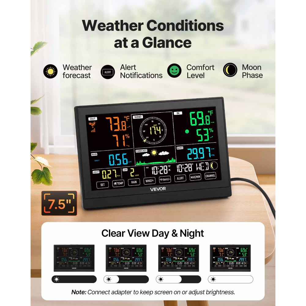 VEVOR 7-in-1 Wi-Fi Weather Station with APP, 190.5 mm VA Display, Wireless Solar Powered Outdoor Sensor, Rain Gauge, Indoor Outdoor for Weather Forecast, Wind Speed, Temperature, Humidity, Rainfall