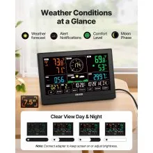 VEVOR 7-in-1 Wi-Fi Weather Station with APP, 190.5 mm VA Display, Wireless Solar Powered Outdoor Sensor, Rain Gauge, Indoor Outdoor for Weather Forecast, Wind Speed, Temperature, Humidity, Rainfall