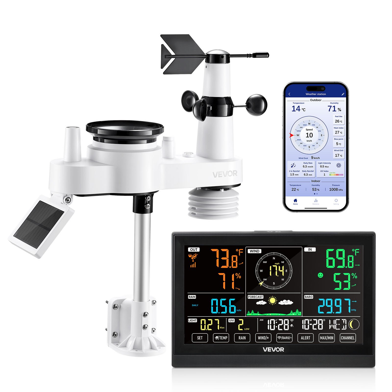 VEVOR 7-in-1 Wi-Fi Weather Station with APP, 190.5 mm VA Display, Wireless Solar Powered Outdoor Sensor, Rain Gauge, Indoor Outdoor for Weather Forecast, Wind Speed, Temperature, Humidity, Rainfall