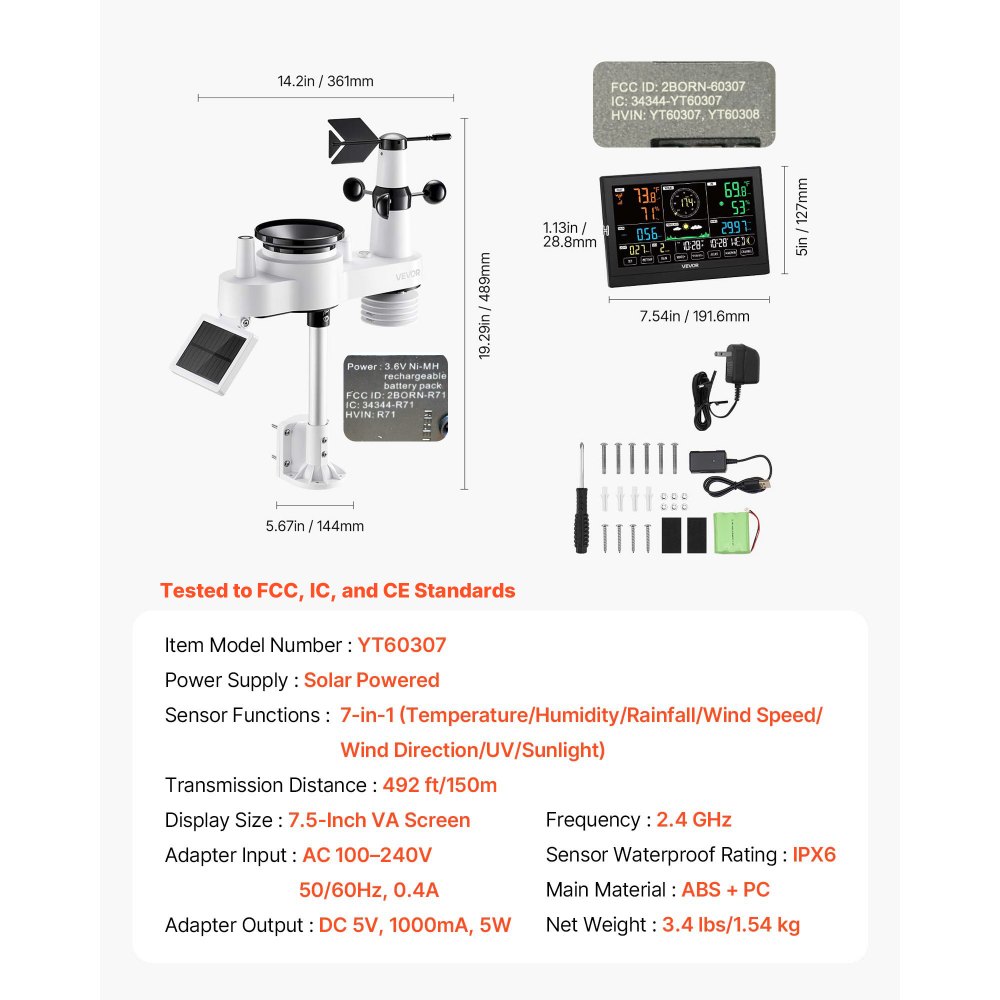 VEVOR 7-in-1 Wi-Fi Weather Station with APP, 190.5 mm VA Display, Wireless Solar Powered Outdoor Sensor, Rain Gauge, Indoor Outdoor for Weather Forecast, Wind Speed, Temperature, Humidity, Rainfall