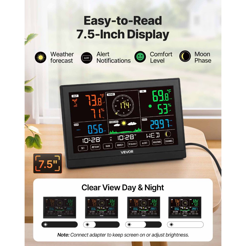 VEVOR 5-in-1 Wi-Fi Weather Station, 190.5 mm VA Display, Wireless Solar Powered Outdoor Sensor, Rain Gauge, Indoor Outdoor for Weather Forecast, Wind Speed Direction, Temperature, Humidity, Rainfall