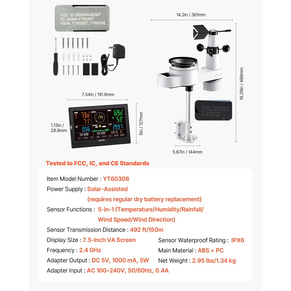 VEVOR 5-in-1 Wi-Fi Weather Station, 190.5 mm VA Display, Wireless Solar Powered Outdoor Sensor, Rain Gauge, Indoor Outdoor for Weather Forecast, Wind Speed Direction, Temperature, Humidity, Rainfall