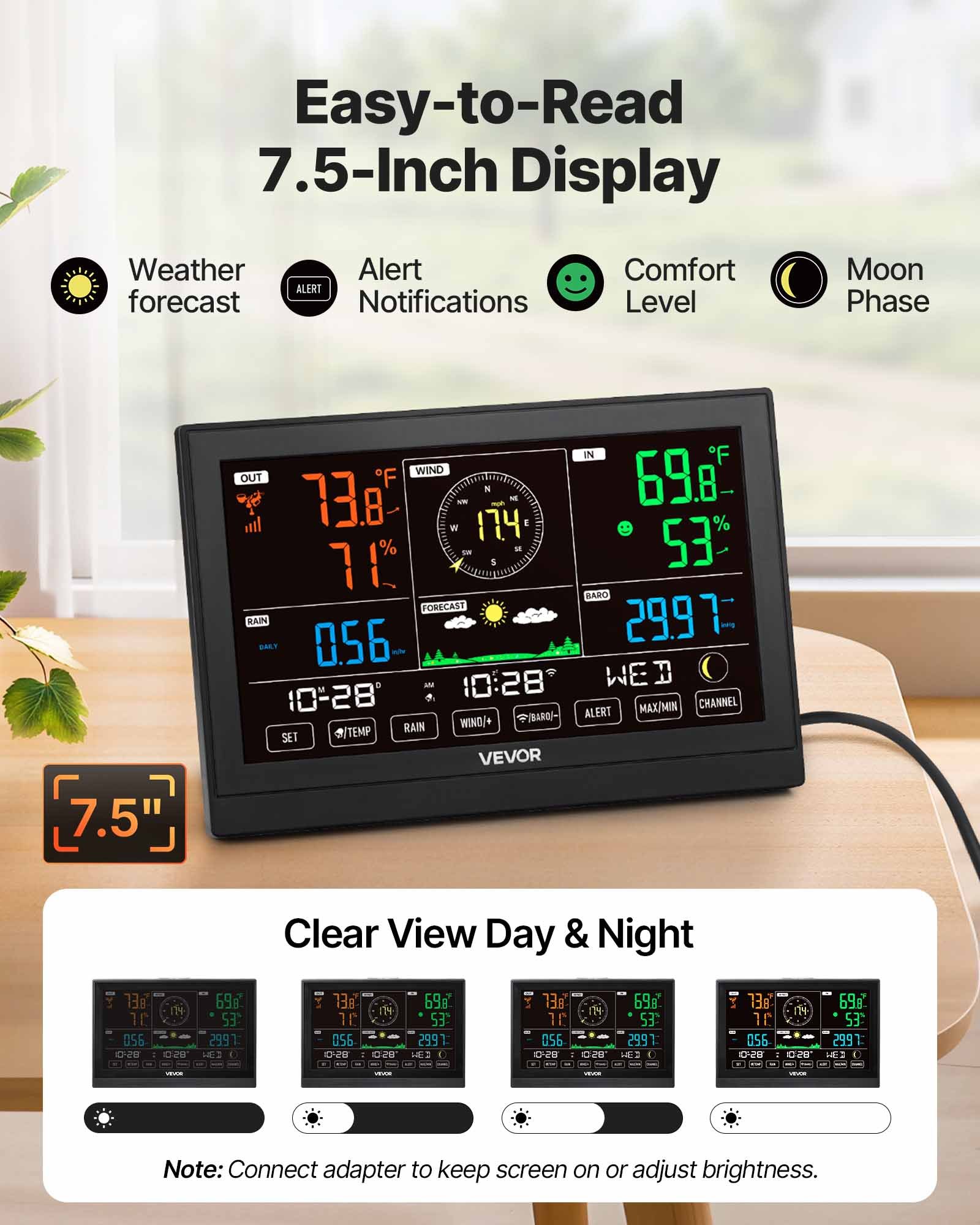 VEVOR 5-in-1 Wi-Fi Weather Station, 190.5 mm VA Display, Wireless Solar Powered Outdoor Sensor, Rain Gauge, Indoor Outdoor for Weather Forecast, Wind Speed Direction, Temperature, Humidity, Rainfall