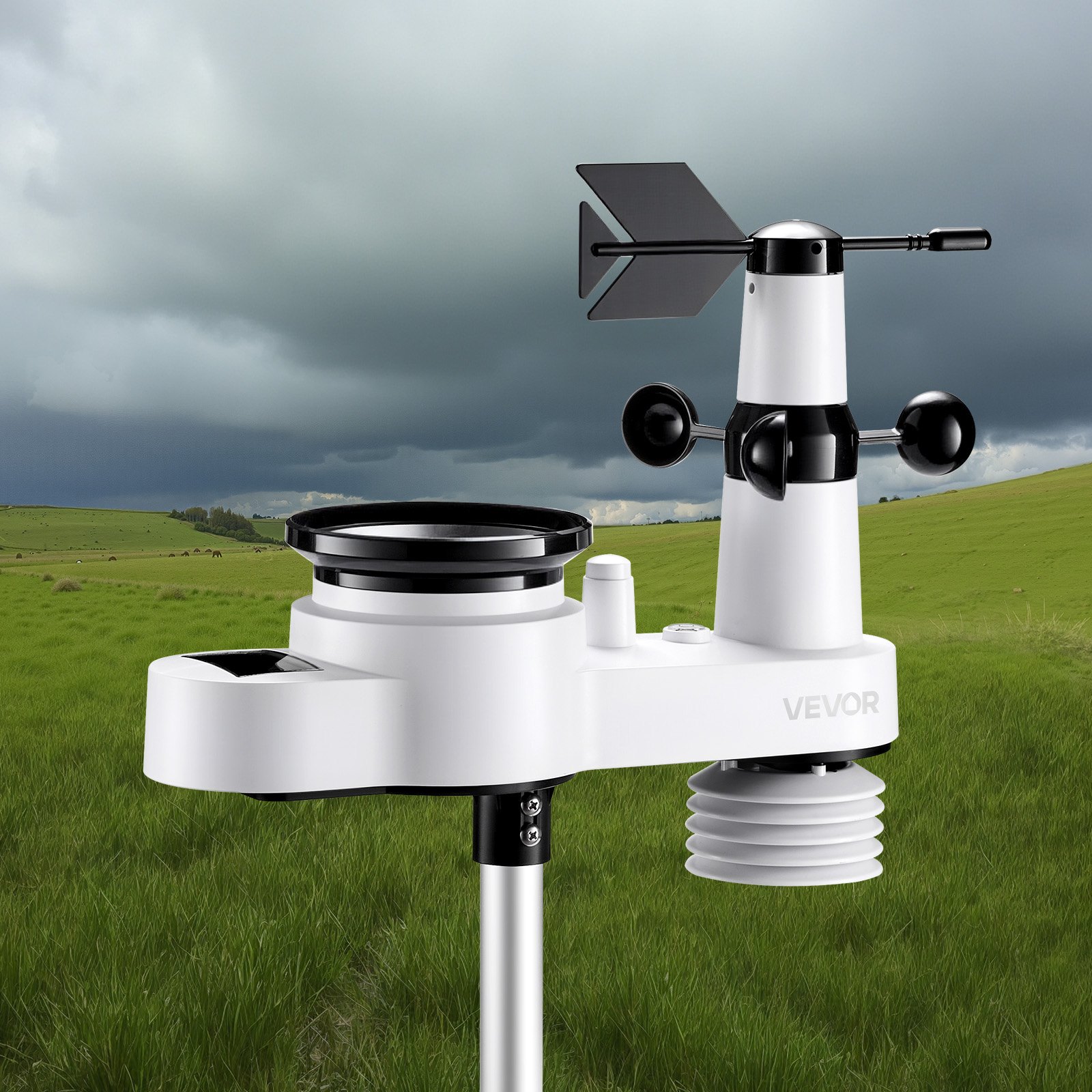 VEVOR 5-in-1 Wi-Fi Weather Station, 190.5 mm VA Display, Wireless Solar Powered Outdoor Sensor, Rain Gauge, Indoor Outdoor for Weather Forecast, Wind Speed Direction, Temperature, Humidity, Rainfall