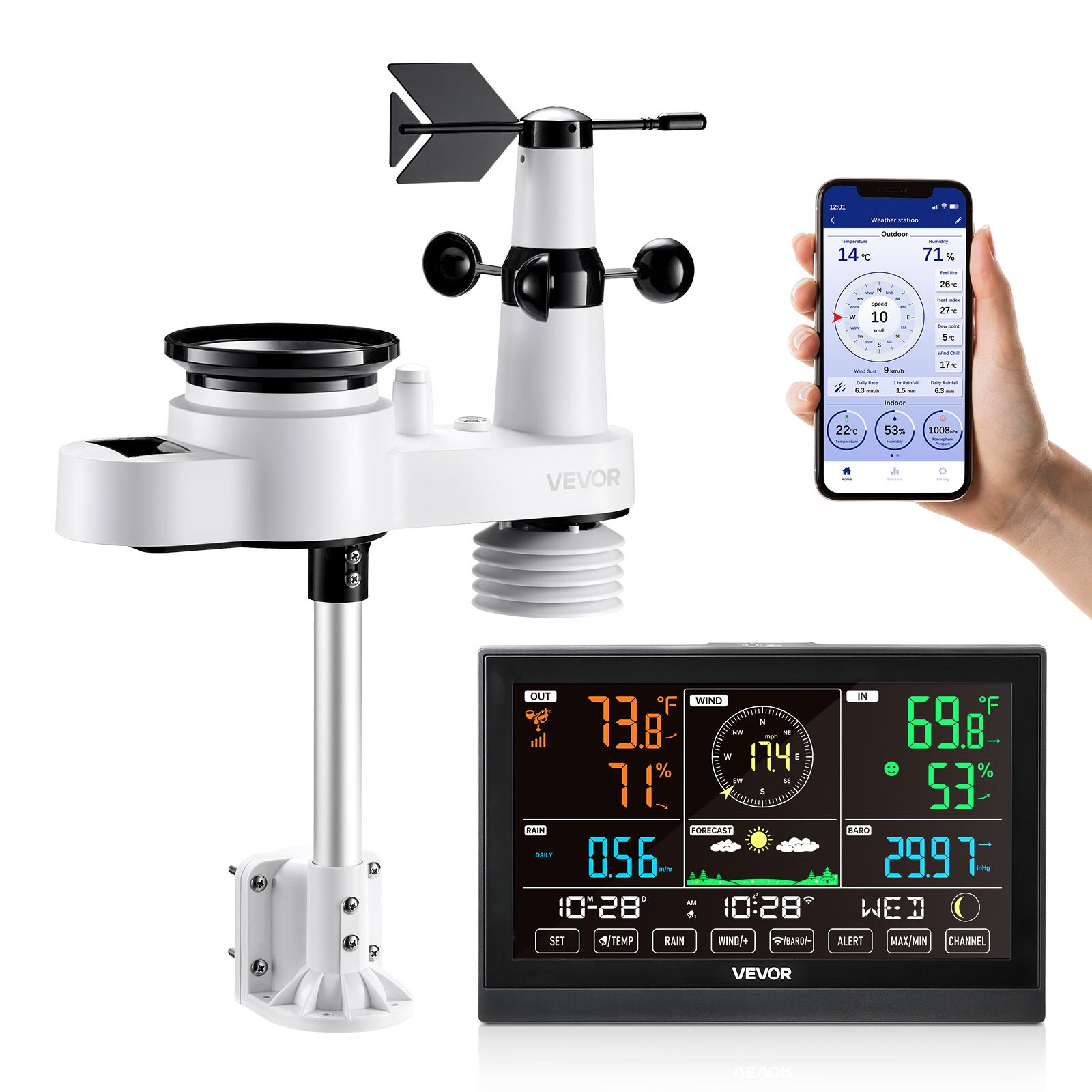 VEVOR 5-in-1 Wi-Fi Weather Station, 190.5 mm VA Display, Wireless Solar Powered Outdoor Sensor, Rain Gauge, Indoor Outdoor for Weather Forecast, Wind Speed Direction, Temperature, Humidity, Rainfall