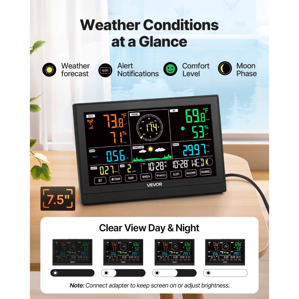 VEVOR 7-in-1 Wi-Fi Weather Station with APP, 190.5 mm Display, Wireless Solar Powered Outdoor Sensor, with Pool Thermometer, Rain Gauge, Indoor Outdoor for Weather Forecast Wind Speed Pool Temperature