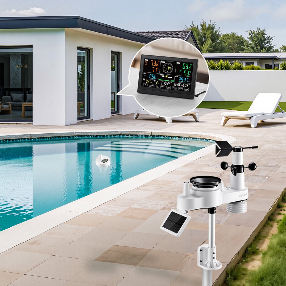 VEVOR 7-in-1 Wi-Fi Weather Station with APP, 190.5 mm Display, Wireless Solar Powered Outdoor Sensor, with Pool Thermometer, Rain Gauge, Indoor Outdoor for Weather Forecast Wind Speed Pool Temperature