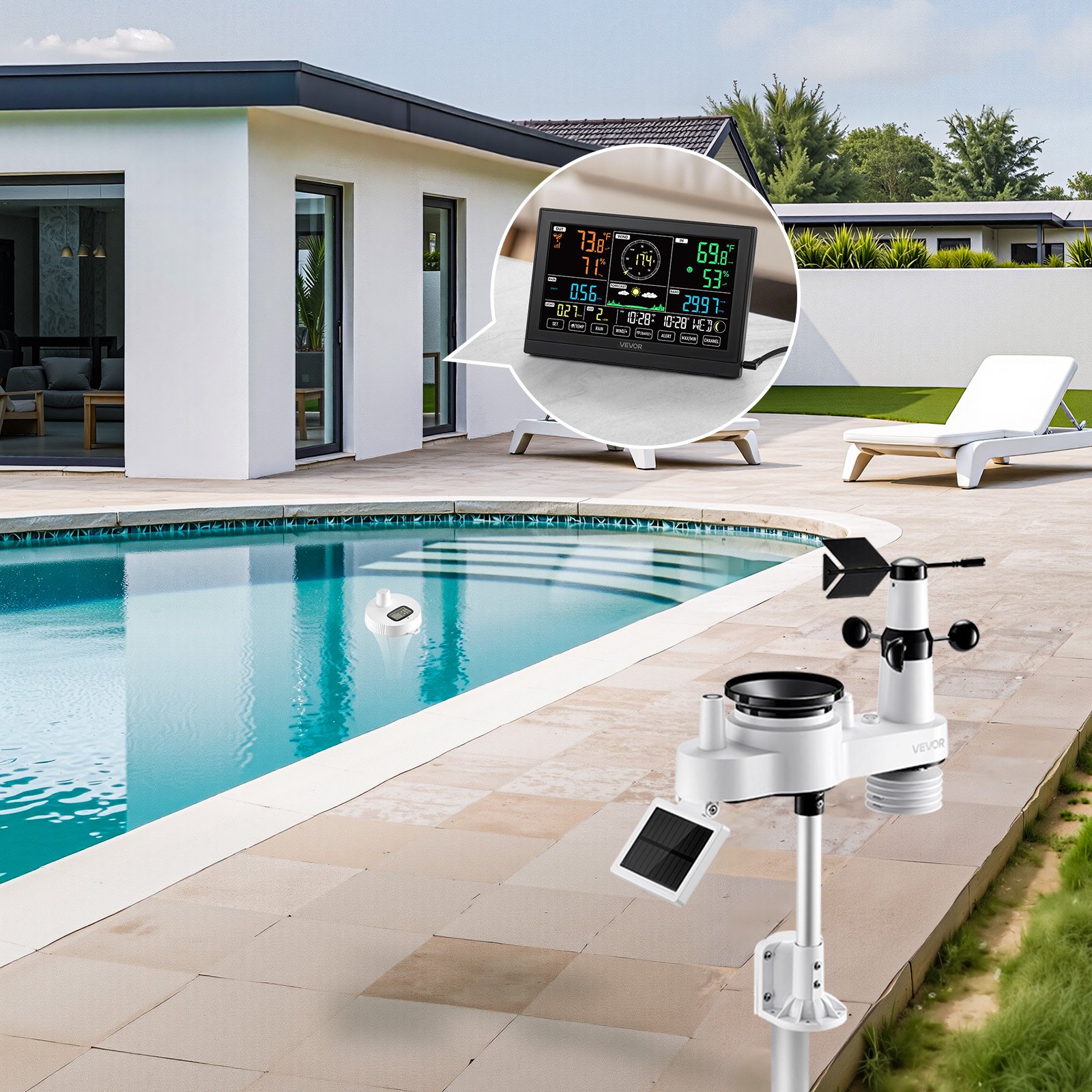 VEVOR 7-in-1 Wi-Fi Weather Station with APP, 190.5 mm Display, Wireless Solar Powered Outdoor Sensor, with Pool Thermometer, Rain Gauge, Indoor Outdoor for Weather Forecast Wind Speed Pool Temperature