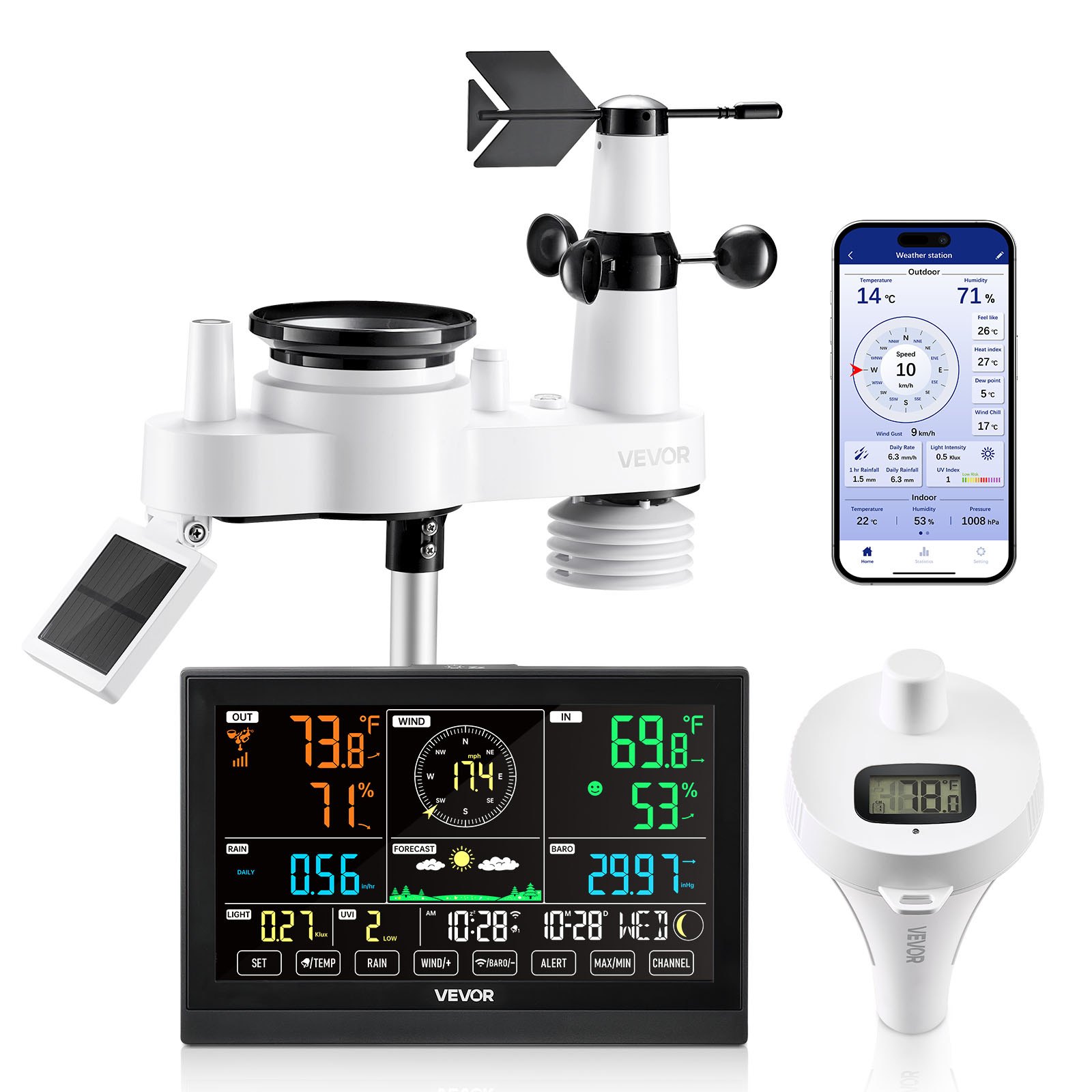 VEVOR 7-in-1 Wi-Fi Weather Station with APP, 190.5 mm Display, Wireless Solar Powered Outdoor Sensor, with Pool Thermometer, Rain Gauge, Indoor Outdoor for Weather Forecast Wind Speed Pool Temperature