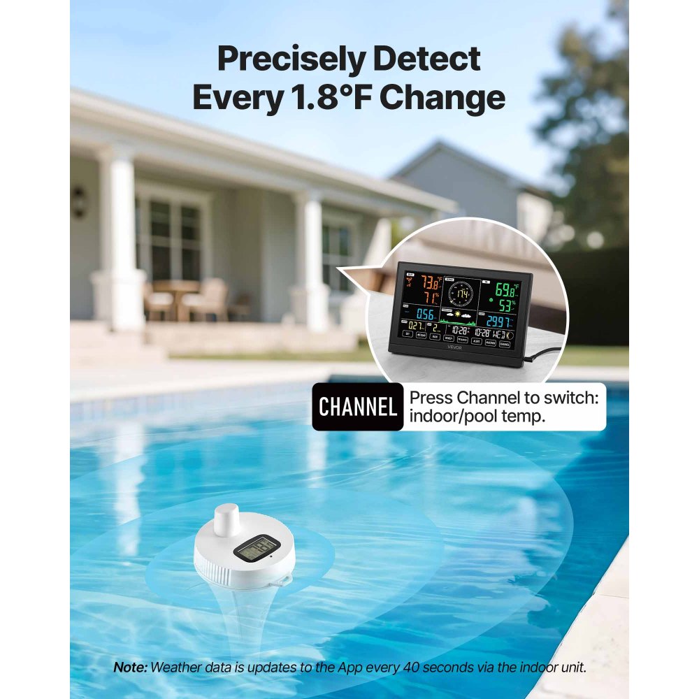 VEVOR 7-in-1 Wi-Fi Weather Station with APP, 190.5 mm Display, Wireless Solar Powered Outdoor Sensor, with Pool Thermometer, Rain Gauge, Indoor Outdoor for Weather Forecast Wind Speed Pool Temperature