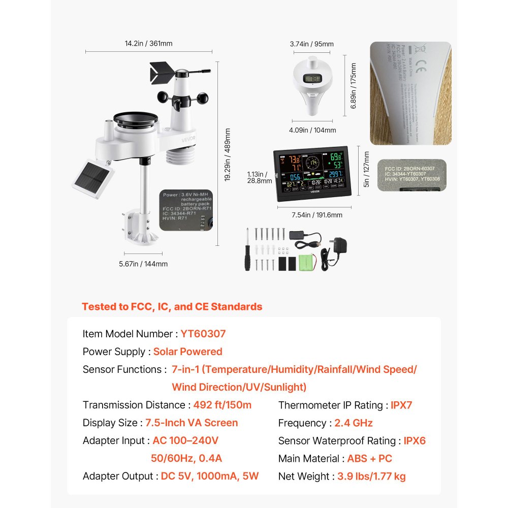 VEVOR 7-in-1 Wi-Fi Weather Station with APP, 190.5 mm Display, Wireless Solar Powered Outdoor Sensor, with Pool Thermometer, Rain Gauge, Indoor Outdoor for Weather Forecast Wind Speed Pool Temperature