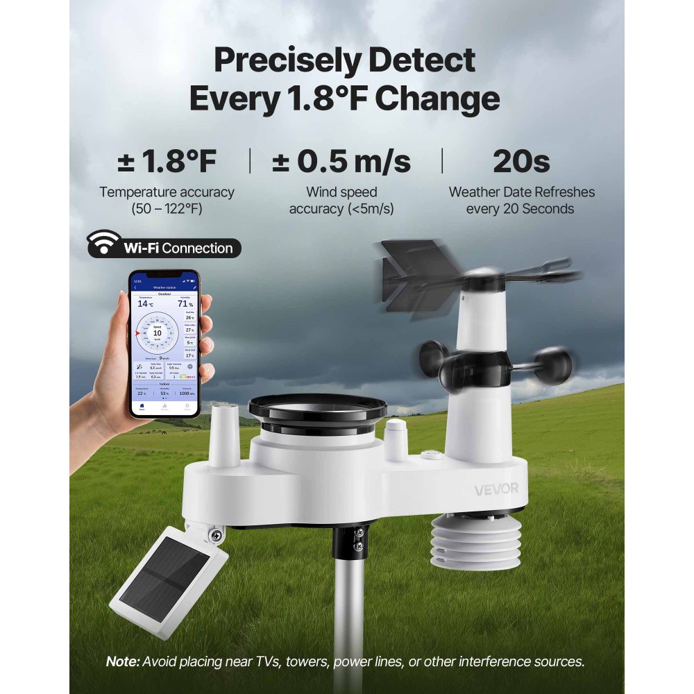 VEVOR 7-in-1 Wi-Fi Weather Station, 177.8 mm TFT Display, Wireless Solar Powered Outdoor Sensor, Rain Gauge, Indoor Outdoor for Weather Forecast, Wind Speed Direction, Temperature, Humidity, Rainfall