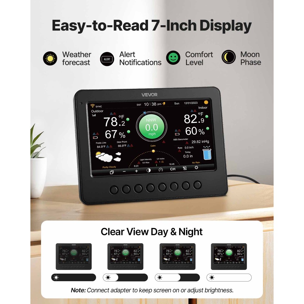 VEVOR 7-in-1 Wi-Fi Weather Station, 177.8 mm TFT Display, Wireless Solar Powered Outdoor Sensor, Rain Gauge, Indoor Outdoor for Weather Forecast, Wind Speed Direction, Temperature, Humidity, Rainfall
