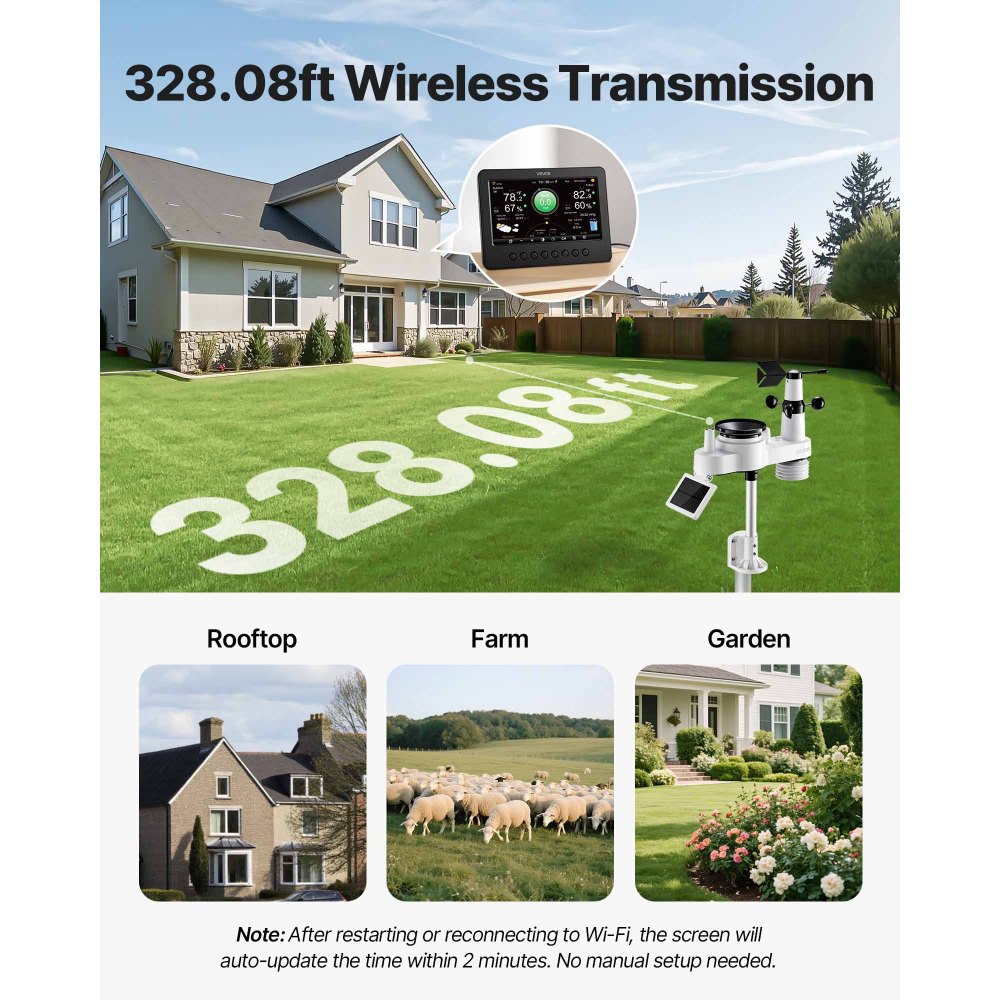 VEVOR 7-in-1 Wi-Fi Weather Station, 177.8 mm TFT Display, Wireless Solar Powered Outdoor Sensor, Rain Gauge, Indoor Outdoor for Weather Forecast, Wind Speed Direction, Temperature, Humidity, Rainfall