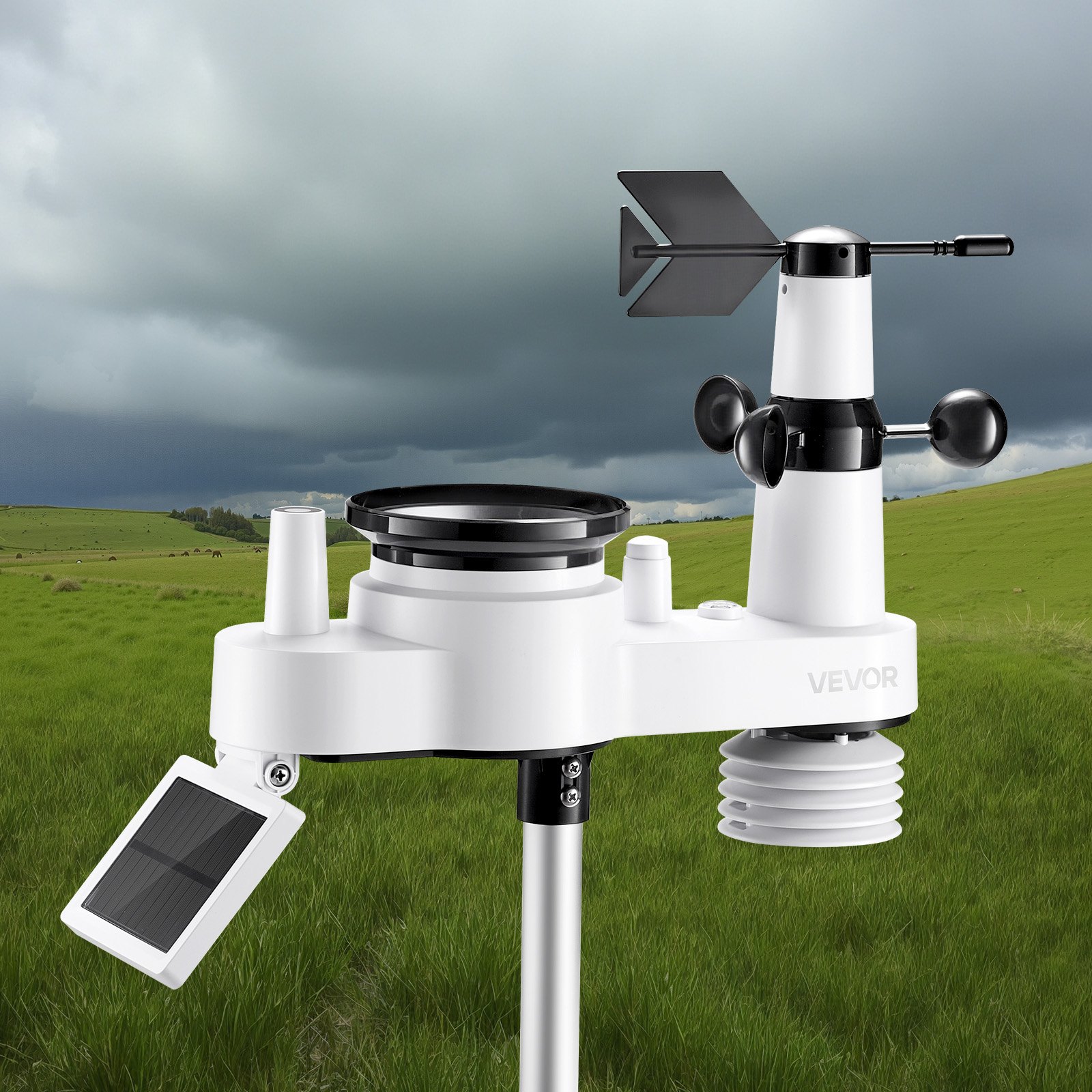 VEVOR 7-in-1 Wi-Fi Weather Station, 177.8 mm TFT Display, Wireless Solar Powered Outdoor Sensor, Rain Gauge, Indoor Outdoor for Weather Forecast, Wind Speed Direction, Temperature, Humidity, Rainfall