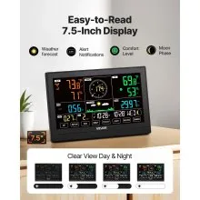 7-in-1 Wireless Weather Station 7.5 in Display Indoor Outdoor Thermometer Sensor