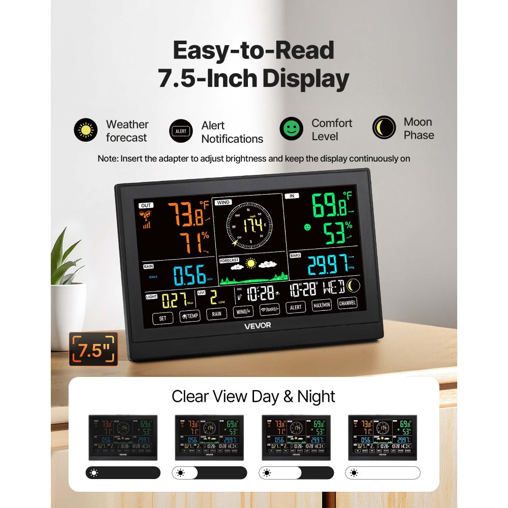 VEVOR 7-in-1 Wireless Weather Station, 190.5 mm VA Display, Solar Powered Outdoor Sensor, Rain Gauge, Indoor Outdoor for Weather Forecast, Temperature, Humidity, Wind Speed and Direction (No WiFi)