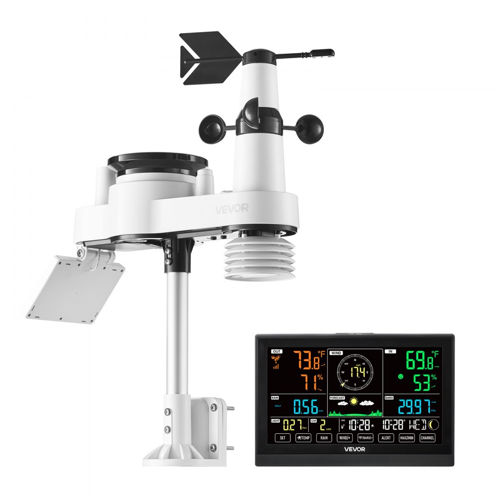 VEVOR 7-in-1 Wireless Weather Station, 190.5 mm VA Display, Solar Powered Outdoor Sensor, Rain Gauge, Indoor Outdoor for Weather Forecast, Temperature, Humidity, Wind Speed and Direction (No WiFi)