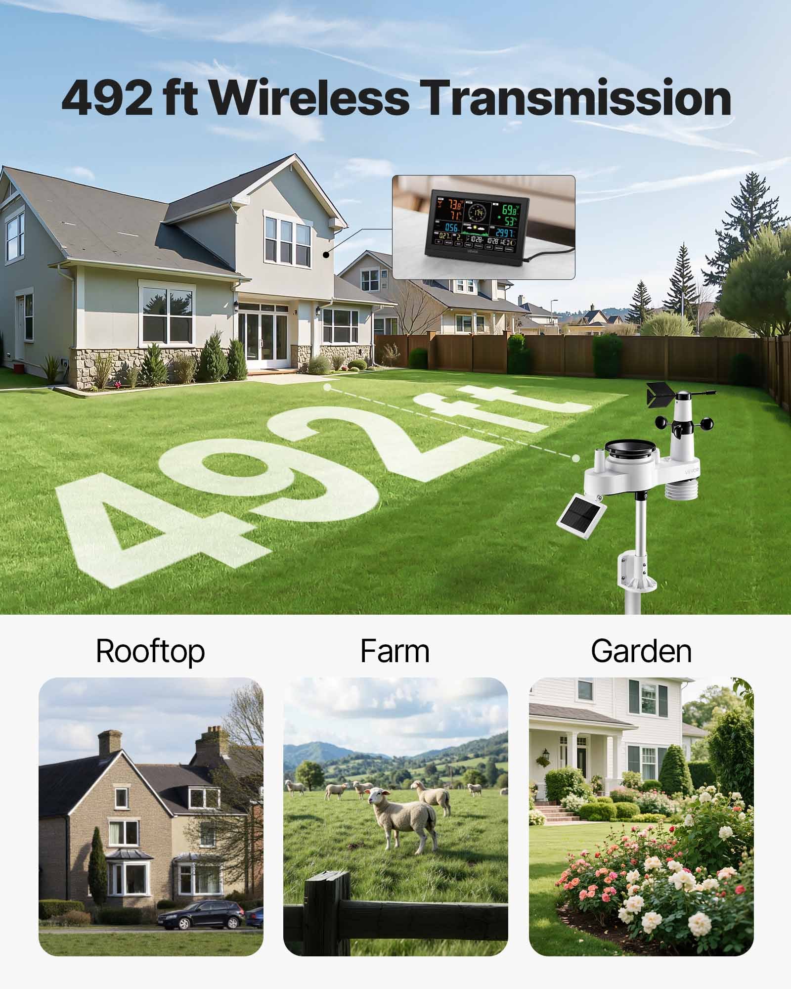 VEVOR 7-in-1 Wireless Weather Station, 190.5 mm VA Display, Solar Powered Outdoor Sensor, Rain Gauge, Indoor Outdoor for Weather Forecast, Temperature, Humidity, Wind Speed and Direction (No WiFi)