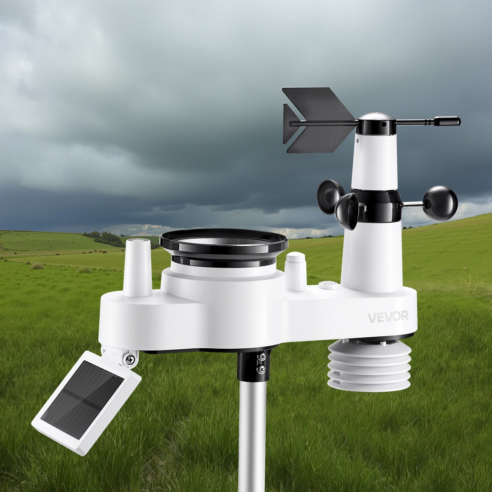 VEVOR 7-in-1 Wireless Weather Station, 190.5 mm VA Display, Solar Powered Outdoor Sensor, Rain Gauge, Indoor Outdoor for Weather Forecast, Temperature, Humidity, Wind Speed and Direction (No WiFi)