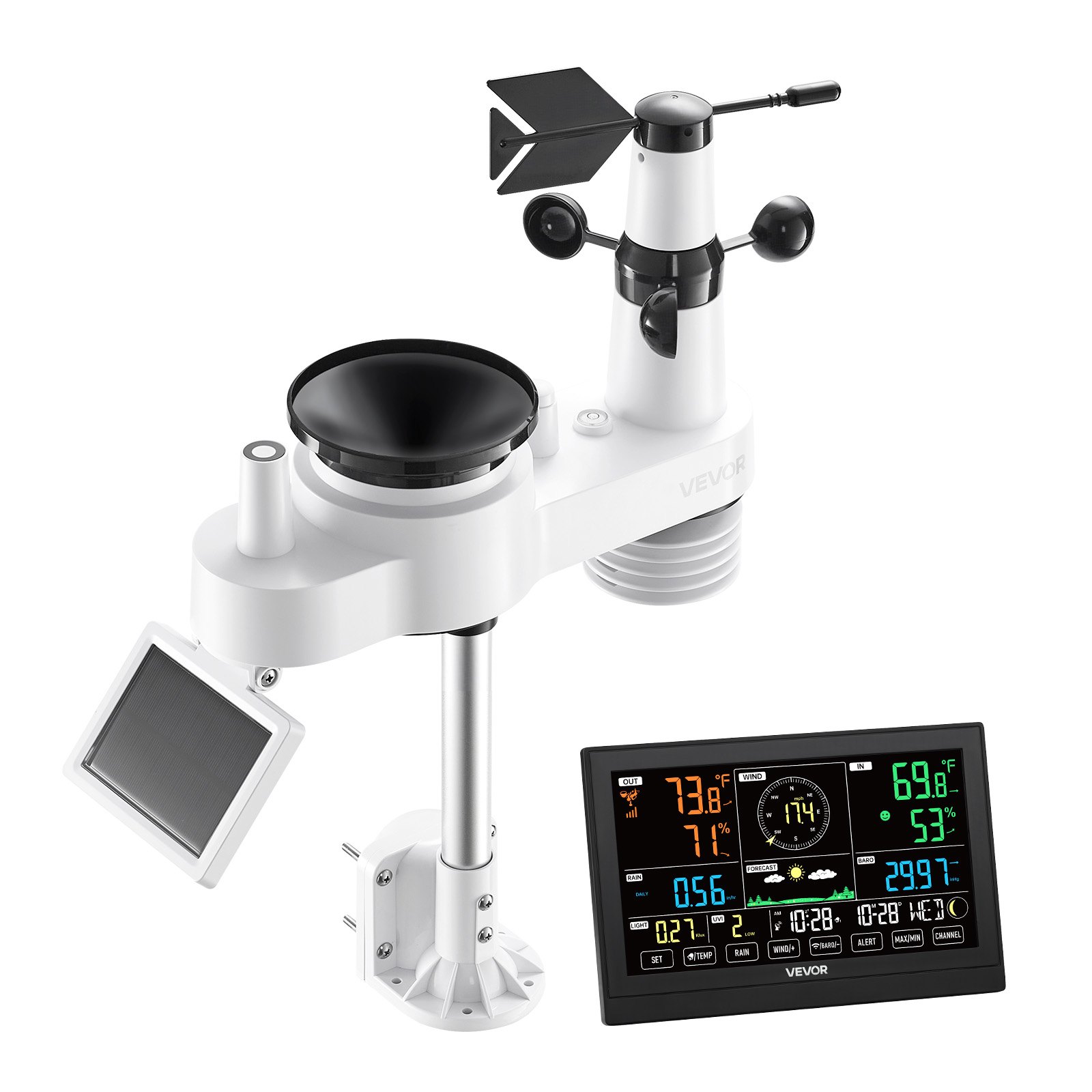 VEVOR 7-in-1 Wireless Weather Station, 190.5 mm VA Display, Solar Powered Outdoor Sensor, Rain Gauge, Indoor Outdoor for Weather Forecast, Temperature, Humidity, Wind Speed and Direction (No WiFi)