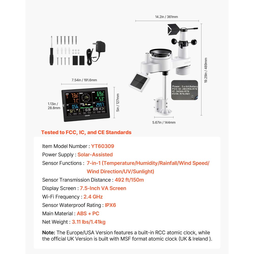 VEVOR 7-in-1 Wireless Weather Station, 190.5 mm VA Display, Solar Powered Outdoor Sensor, Rain Gauge, Indoor Outdoor for Weather Forecast, Temperature, Humidity, Wind Speed and Direction (No WiFi)