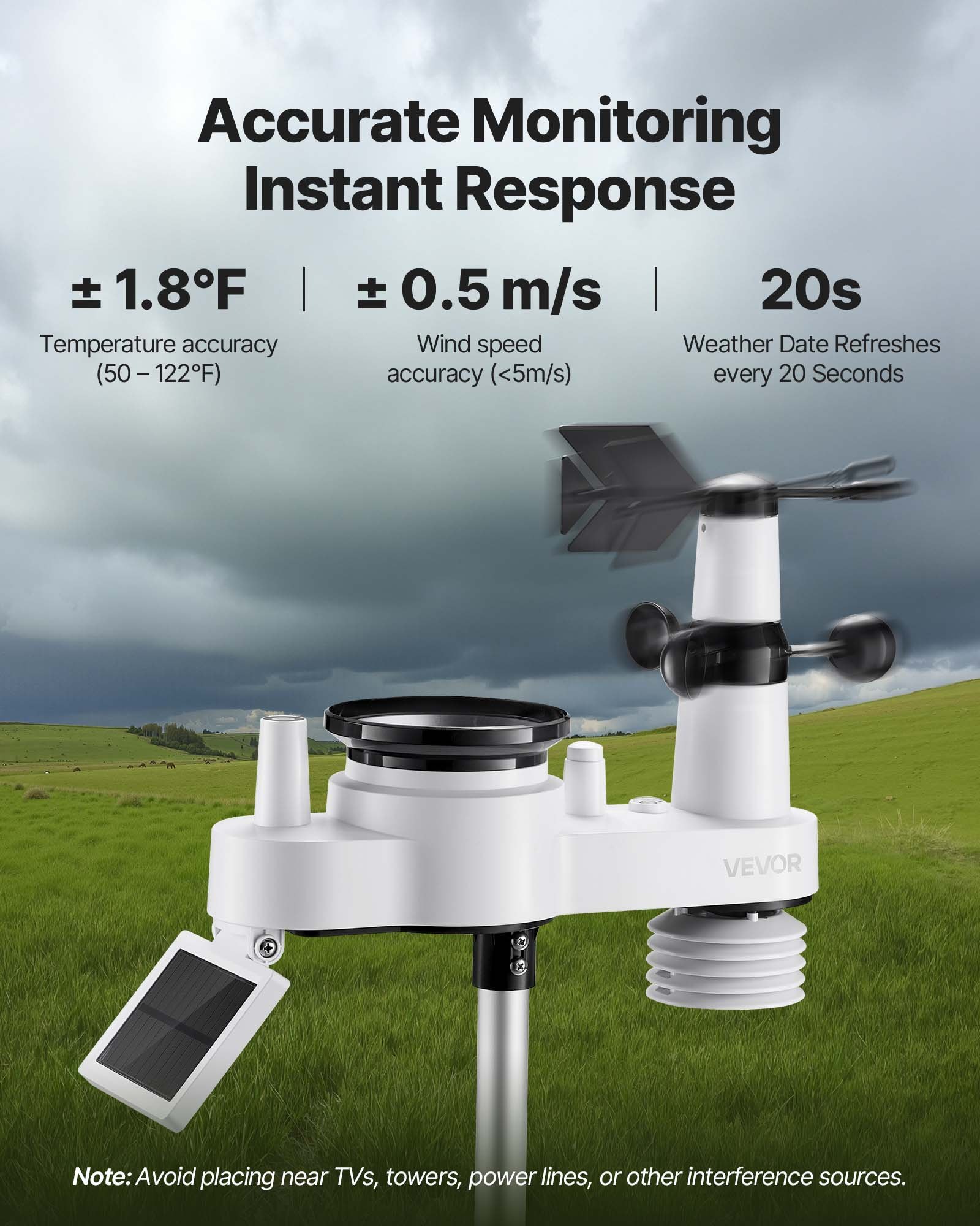 VEVOR 7-in-1 Wireless Weather Station, 190.5 mm VA Display, Solar Powered Outdoor Sensor, Rain Gauge, Indoor Outdoor for Weather Forecast, Temperature, Humidity, Wind Speed and Direction (No WiFi)