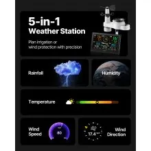 5-in-1 Wireless Weather Station 7.5 in Display Indoor Outdoor Thermometer Sensor
