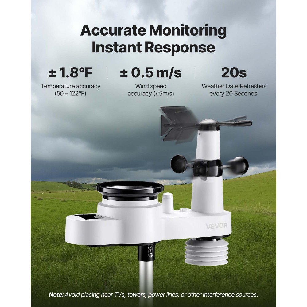 VEVOR 5-in-1 Wireless Weather Station, 7.5 inch / 190.5 mm VA Display, Solar Powered Outdoor Sensor, Rain Gauge, Indoor Outdoor for Weather Forecast, Temperature, Humidity, Wind Speed and Direction (No WiFi)